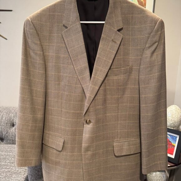 Joseph Bank Sport Coat Blazer Mens 43R Silk Wool Tweed Glen Plaid Brown Tan Red - Picture 1 of 10